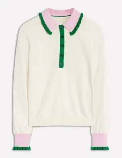 Sweaters & Cardigans-Boden Frilled Cotton Blend Sweater-Warm Ivory/ Soft Lavender Pink WarmIvory/SoftLavenderPink