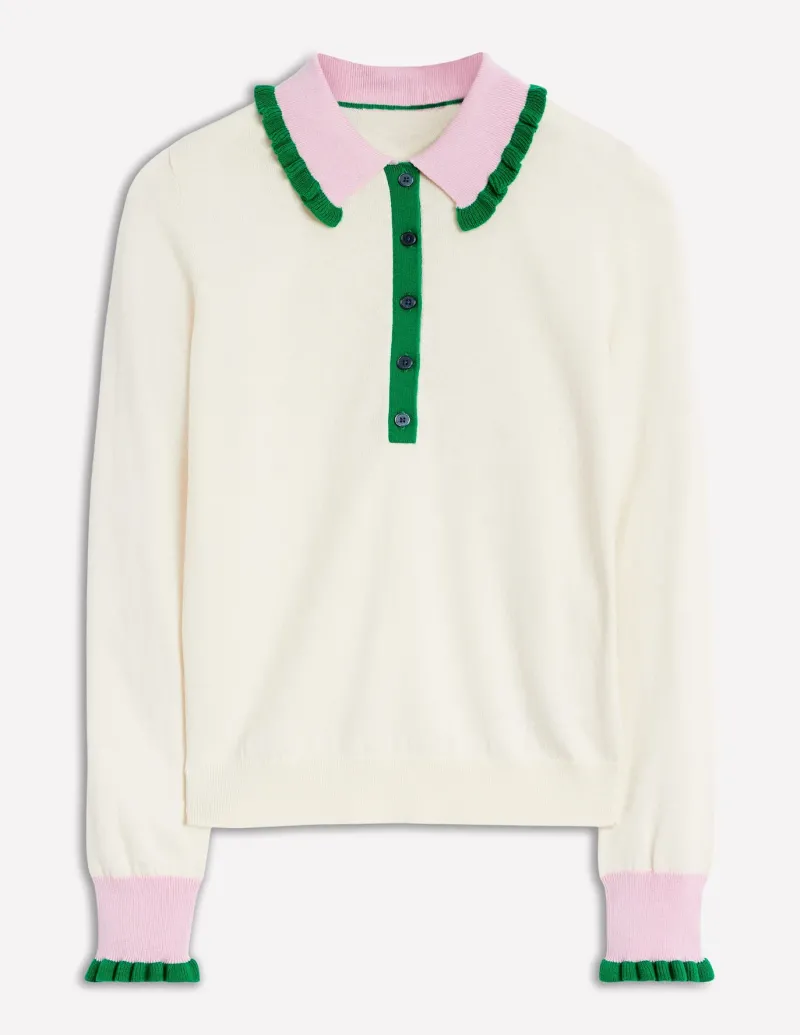 Sweaters & Cardigans-Boden Frilled Cotton Blend Sweater-Warm Ivory/ Soft Lavender Pink WarmIvory/SoftLavenderPink