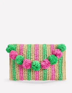Bags-Boden Fringe Raffia Clutch- Pink/Green