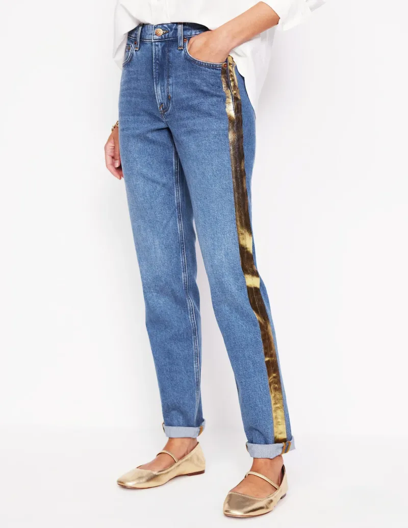 Jeans-Boden Girlfriend Jeans-Metallic Gold Side Stripe MetallicGoldSideStripe