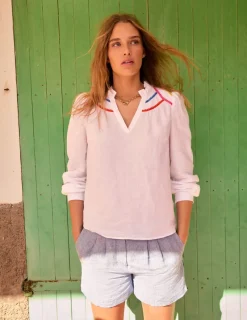 Tops & Blouses-Boden Grace Linen Top-White, Multi Stitch White,MultiStitch
