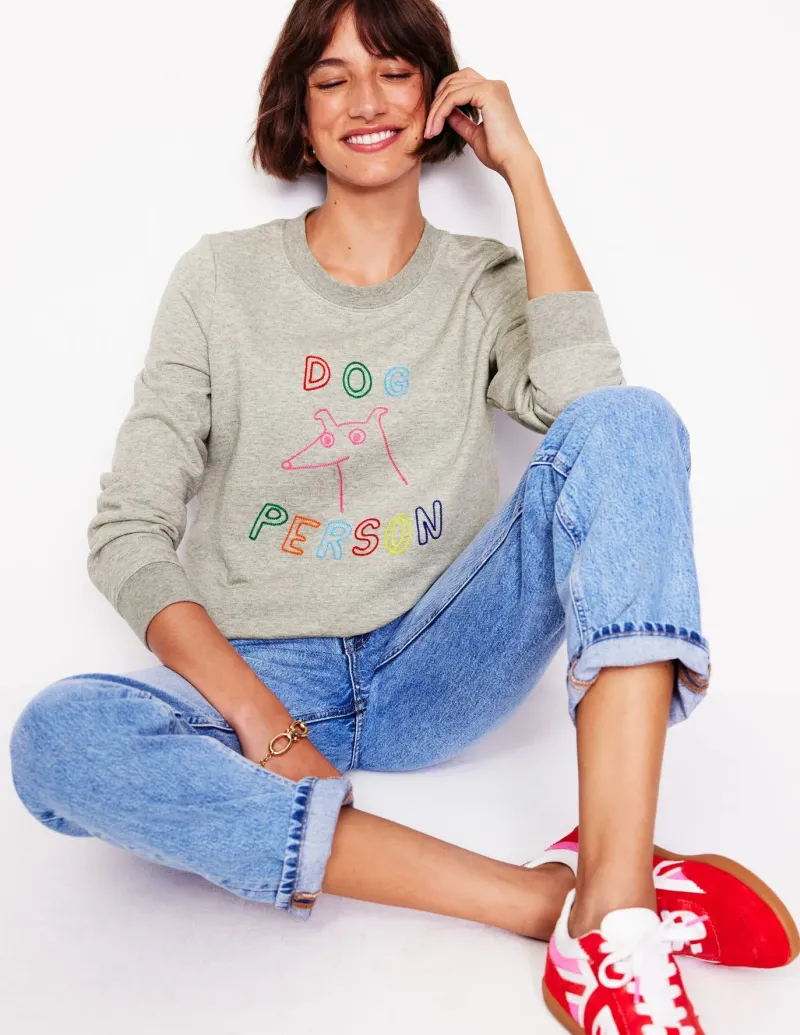 Tops & Blouses | Nightwear & Lougewear-Boden Hannah Embroidered Sweatshirt-Grey Marl, Dog Person GreyMarl,DogPerson