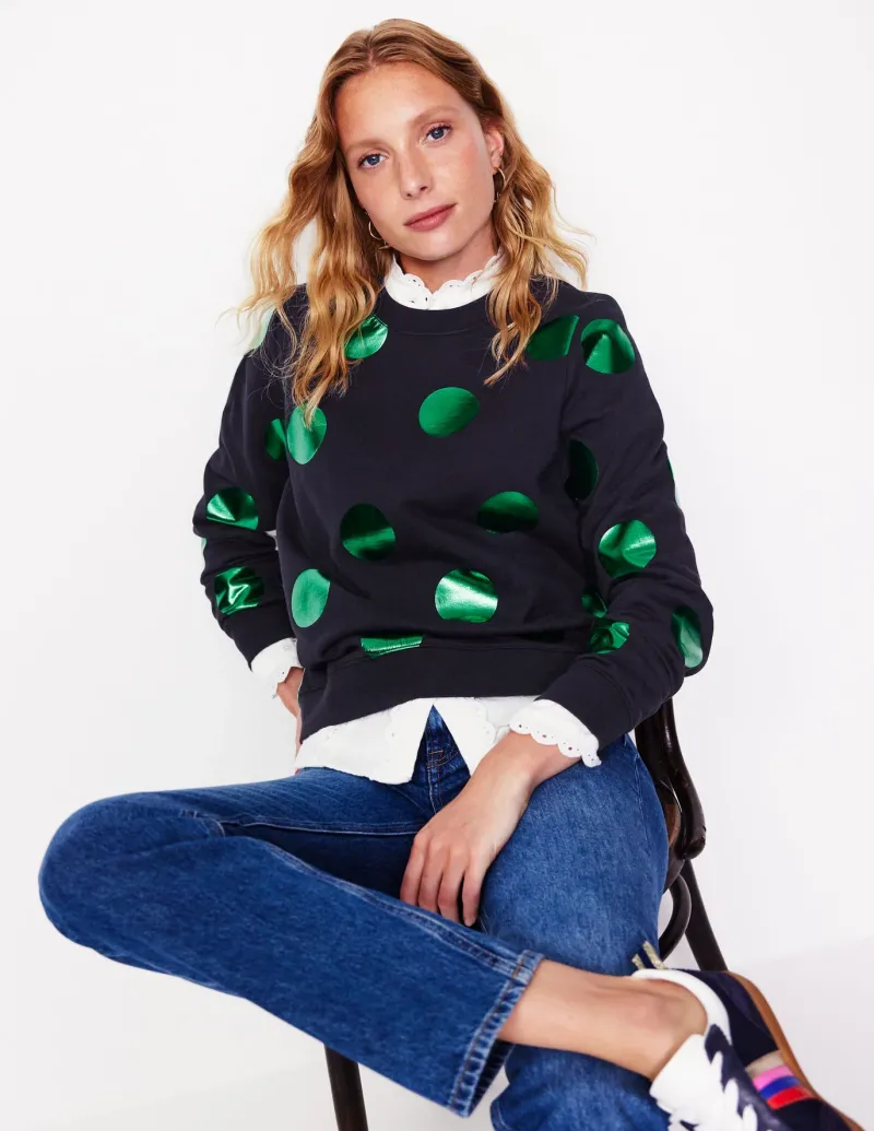Tops & Blouses | Nightwear & Lougewear-Boden Hannah Printed Sweatshirt-Navy, Green Spot Navy,GreenSpot