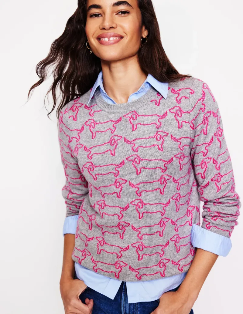 Sweaters & Cardigans-Boden Heather Jacquard Sweater-Grey Marl, Pink Sausage Dog GreyMarl,PinkSausageDog