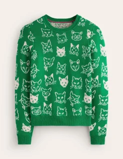 Sweaters & Cardigans-Boden Heather Jacquard Sweater-Rich Emerald Green, Cats RichEmeraldGreen,Cats
