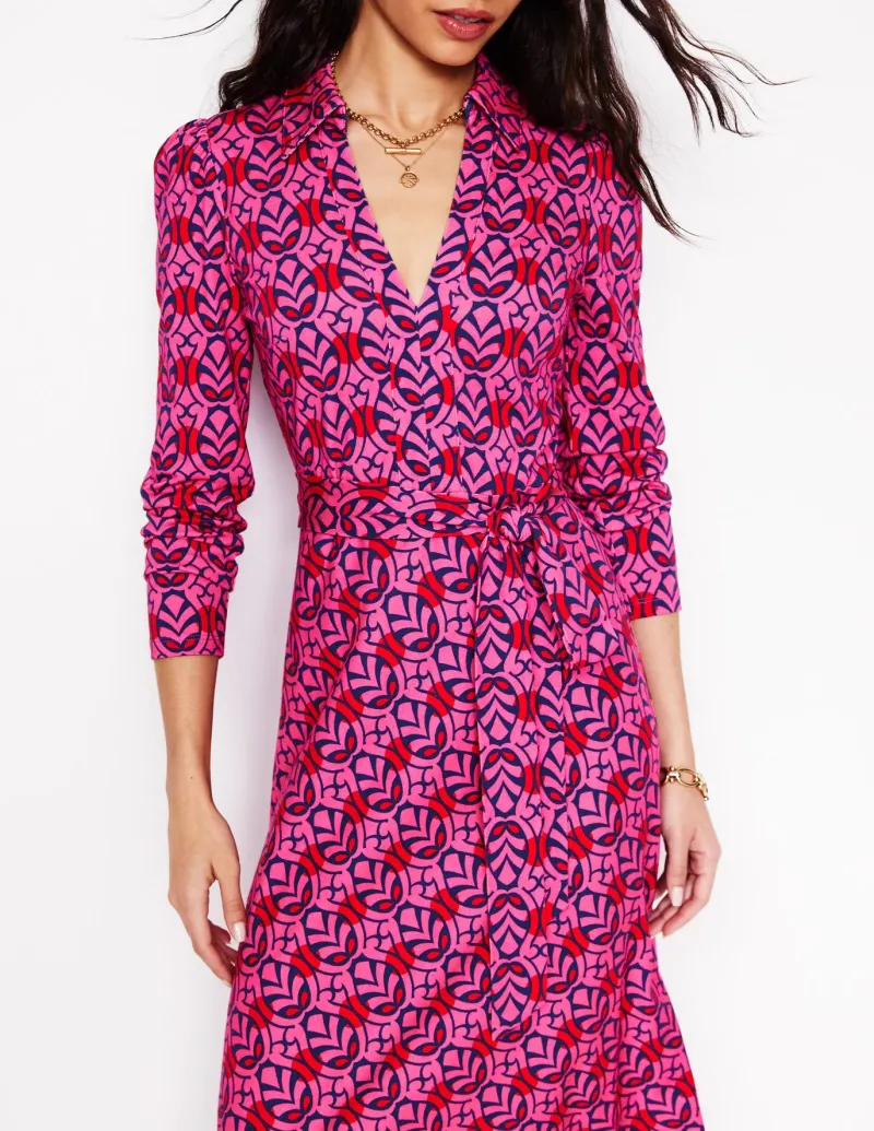 Dresses & Jumpsuits | Midi-Boden Imogen Collared Jersey Dress-Sorbet Pink, Leaf Terrace SorbetPink,LeafTerrace