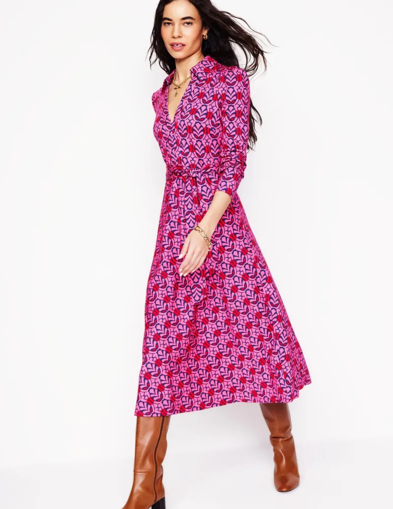 Dresses & Jumpsuits | Midi-Boden Imogen Collared Jersey Dress-Sorbet Pink, Leaf Terrace SorbetPink,LeafTerrace