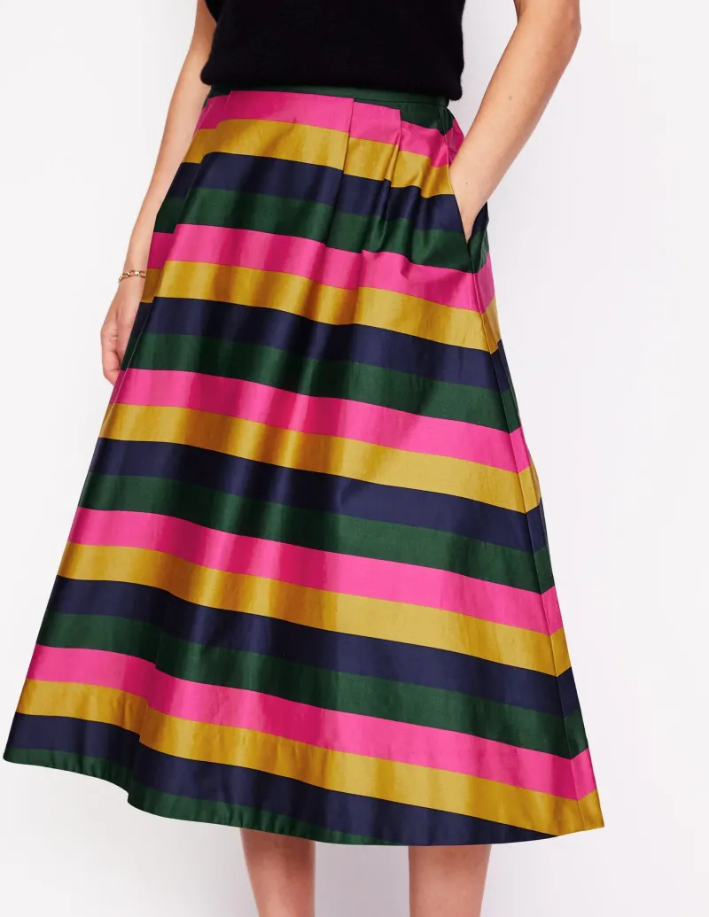 Skirts-Boden Isabella Cotton Sateen Skirt-Pine, Multi Stripe Pine,MultiStripe