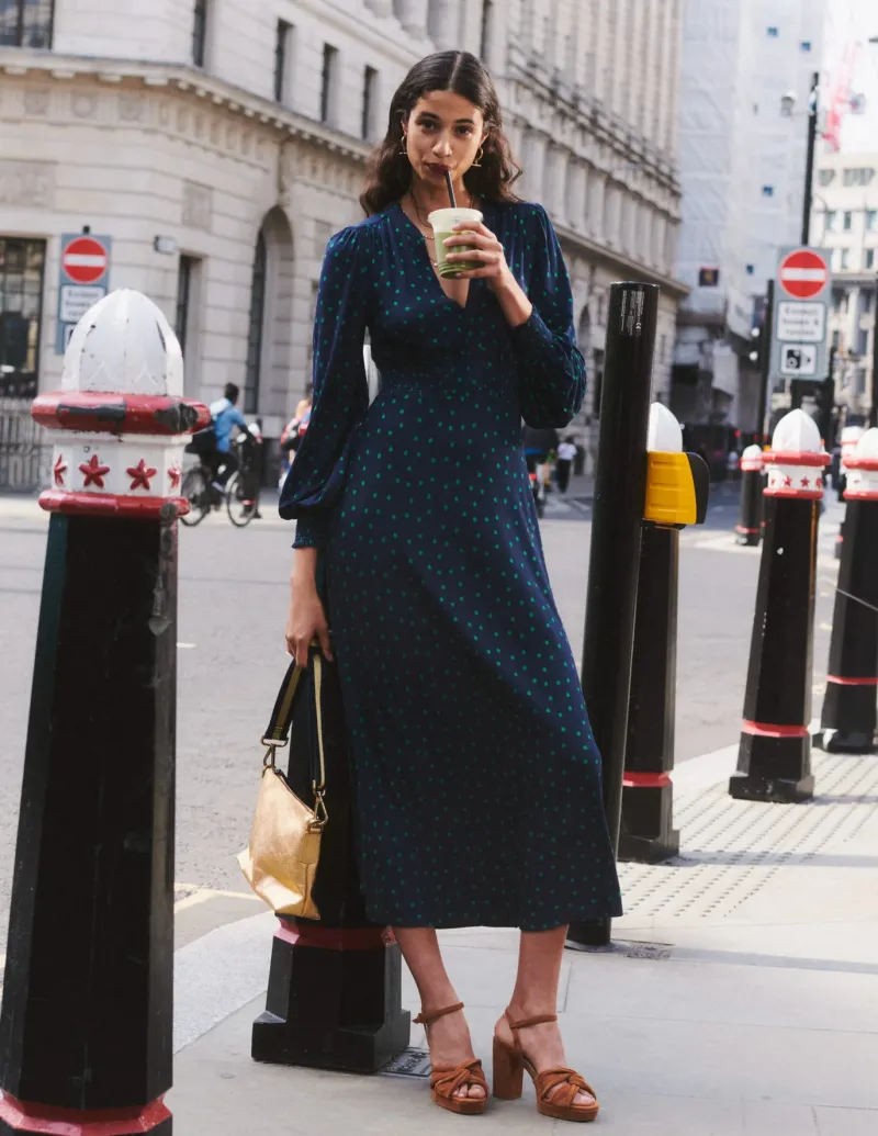 Petite Dresses | Midi-Boden Ivy Smocked Midi Dress-Navy, Sparse Spot Navy,SparseSpot