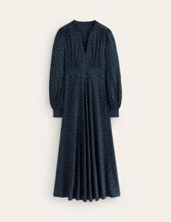Petite Dresses | Midi-Boden Ivy Smocked Midi Dress-Navy, Sparse Spot Navy,SparseSpot