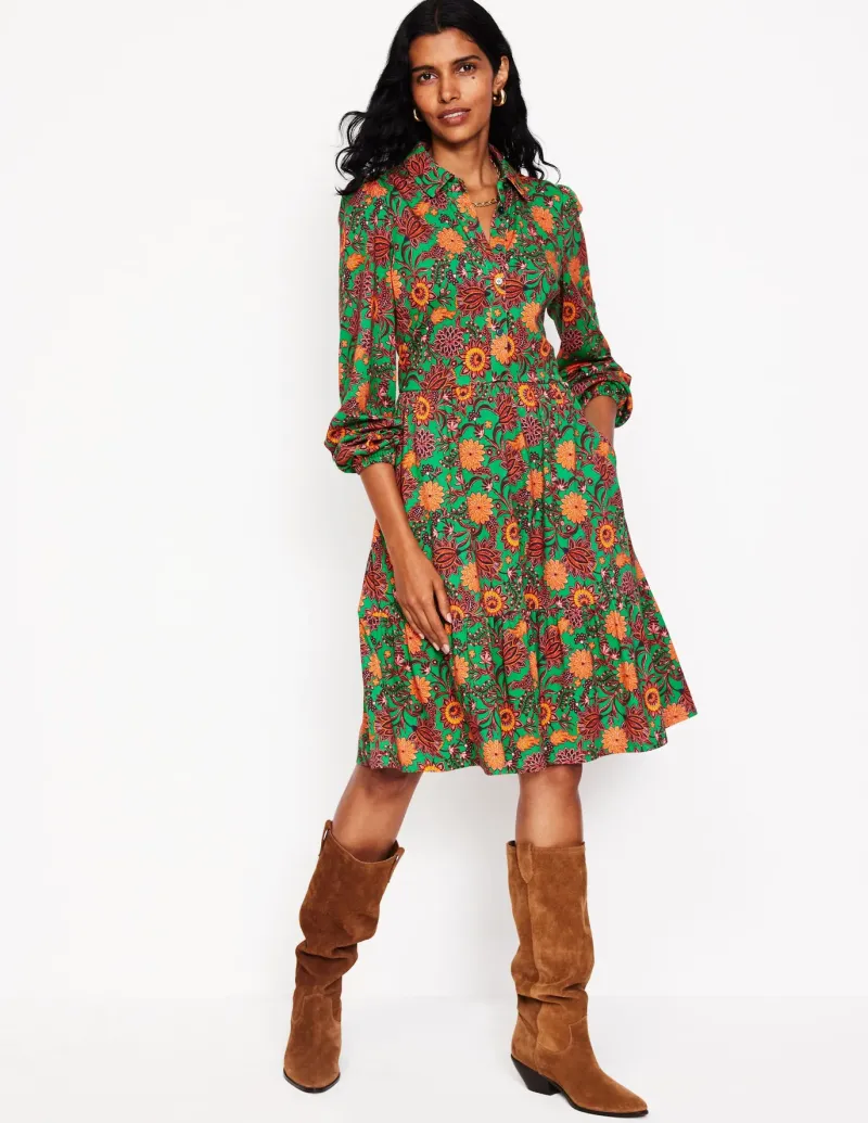 Petite Dresses | Short-Boden Jemima Tiered Jersey Dress-Rich Emerald, Ornate Bud RichEmerald,OrnateBud