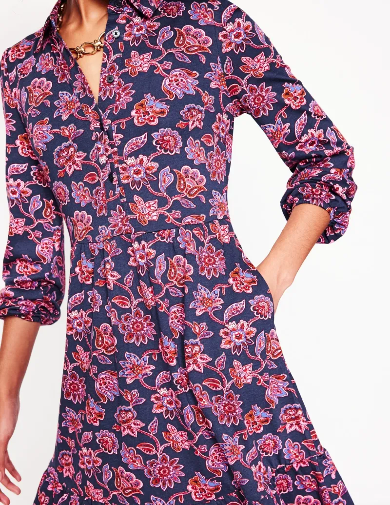 Petite Dresses | Short-Boden Jemima Tiered Jersey Dress-Navy, Floret Cascade Navy,FloretCascade