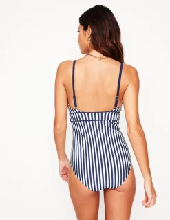 Swimwear-Boden Kasos String V Neck Swimsuit-Navy, Ivory Stripe Navy,IvoryStripe