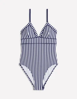 Swimwear-Boden Kasos String V Neck Swimsuit-Navy, Ivory Stripe Navy,IvoryStripe