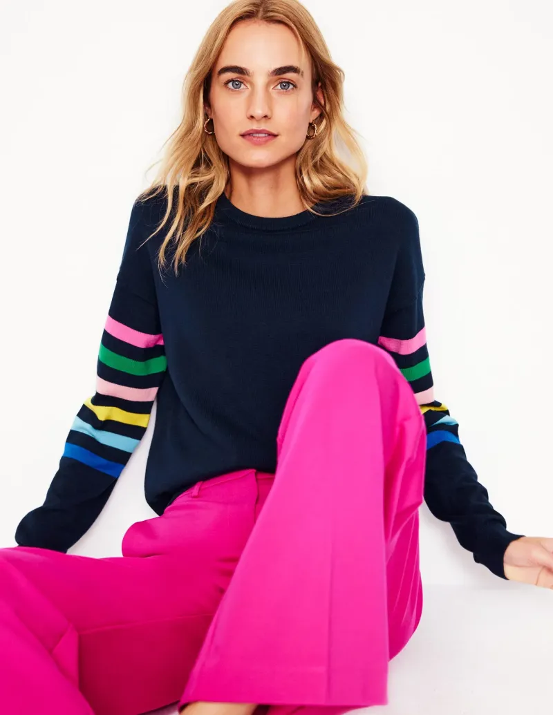 Sweaters & Cardigans-Boden Lara Relaxed Cotton Jumper-Navy Rainbow Sleeve Stripe NavyRainbowSleeveStripe