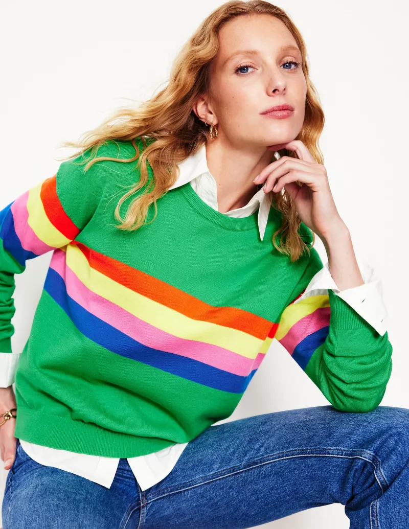 Sweaters & Cardigans-Boden Lara Relaxed Cotton Jumper-Bright Green Chest Stripe BrightGreenChestStripe