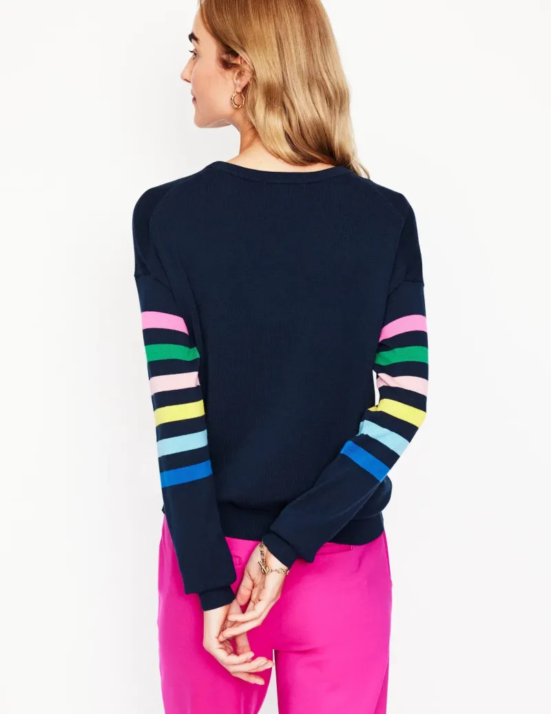 Sweaters & Cardigans-Boden Lara Relaxed Cotton Jumper-Navy Rainbow Sleeve Stripe NavyRainbowSleeveStripe
