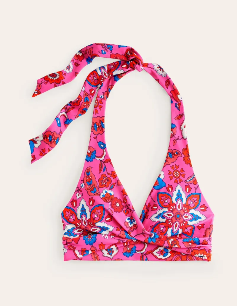 Swimwear-Boden Levanzo Halter Bikini Top-Pink, Botanical Wave Pink,BotanicalWave
