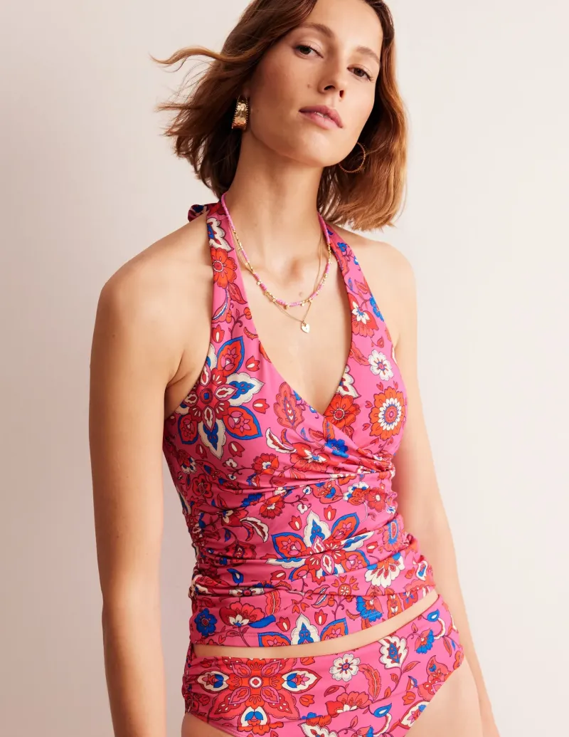 Swimwear-Boden Levanzo Halter Tankini Top-Pink, Botanical Wave Pink,BotanicalWave