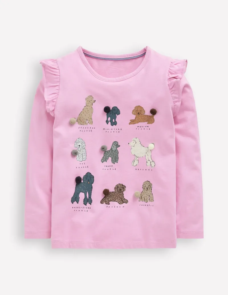 Tops & T-Shirts-Boden Long Sleeve Frill Logo Top-Bubblegum Pink Dogs BubblegumPinkDogs