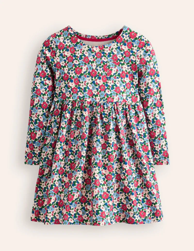 Dresses-Boden Long-Sleeved Fun Jersey Dress-Glacier Blue Winter Floral GlacierBlueWinterFloral