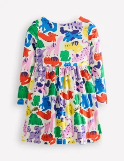 Dresses-Boden Long-Sleeved Fun Jersey Dress-Multi Oatmeal Rainbow Pets MultiOatmealRainbowPets