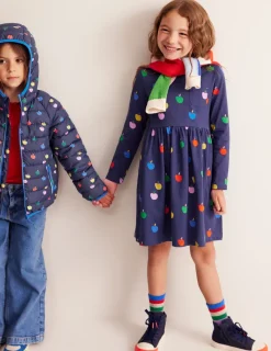 Dresses-Boden Long-Sleeved Fun Jersey Dress-College Navy Rainbow Apples CollegeNavyRainbowApples