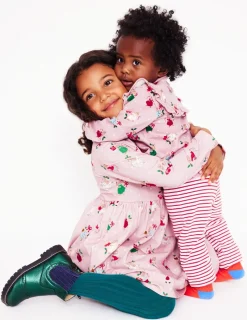 Dresses-Boden Long-Sleeved Fun Jersey Dress-Vintage Pink Festive Bunny VintagePinkFestiveBunny