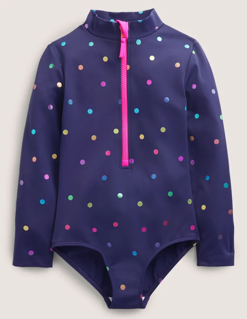 Swimwear & Beachwear-Boden Long-Sleeved Swimsuit-Navy Rainbow Confetti Spot NavyRainbowConfettiSpot
