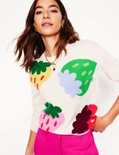 Sweaters & Cardigans-Boden Lydia Cashmere Jumper-Ecru, Strawberries Ecru,Strawberries