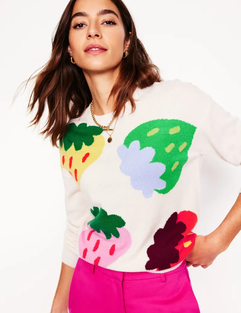 Sweaters & Cardigans-Boden Lydia Cashmere Jumper-Ecru, Strawberries Ecru,Strawberries