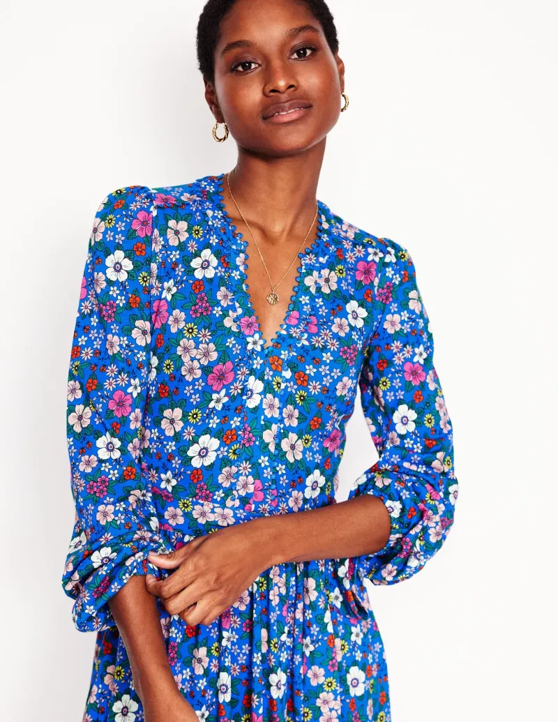Dresses & Jumpsuits | Midi-Boden Maeve Trim Jersey Midi Dress-Gallery Blue, Blossom Scatter GalleryBlue,BlossomScatter