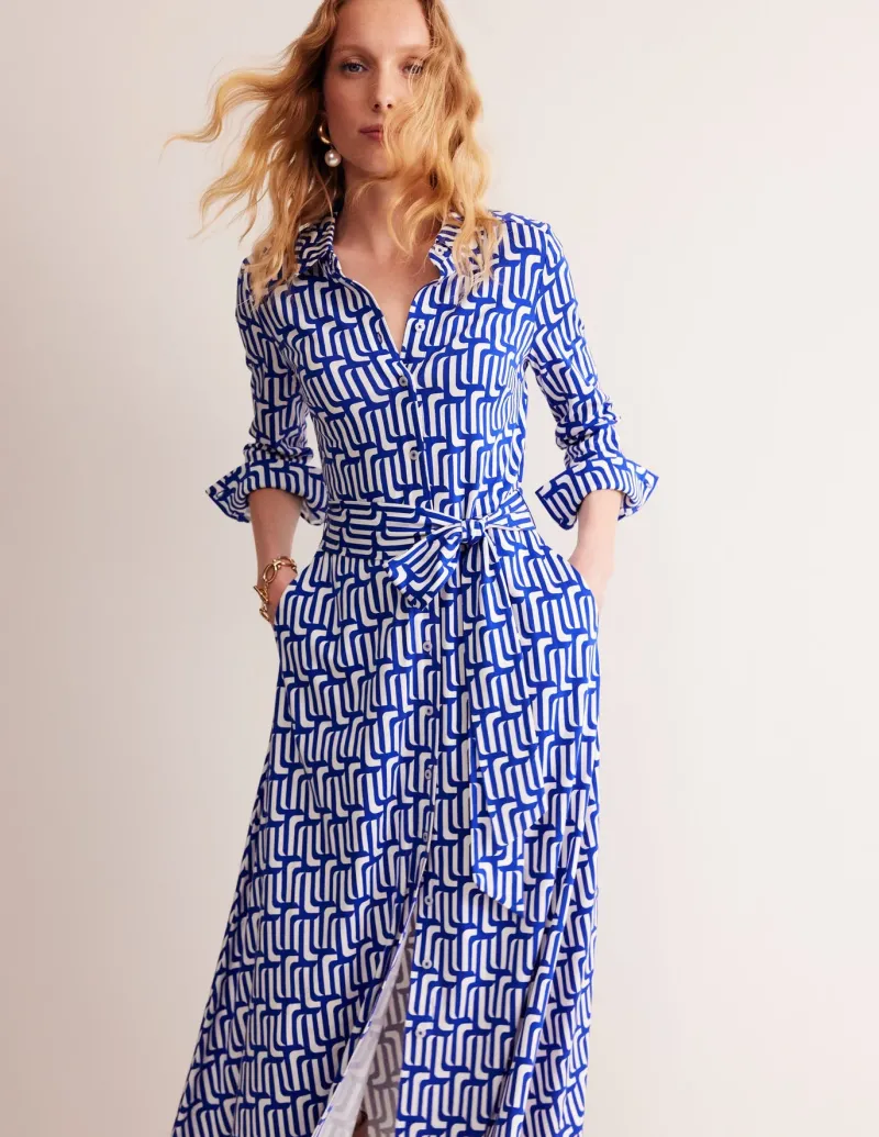 Petite Dresses | Midi-Boden Marcia Jersey Midi Shirt Dress-Sapphire Blue, Falling Geo SapphireBlue,FallingGeo