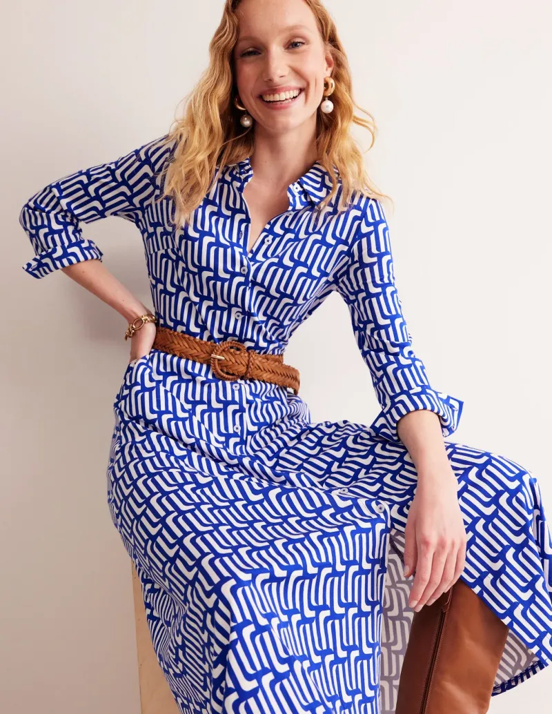 Petite Dresses | Midi-Boden Marcia Jersey Midi Shirt Dress-Sapphire Blue, Falling Geo SapphireBlue,FallingGeo
