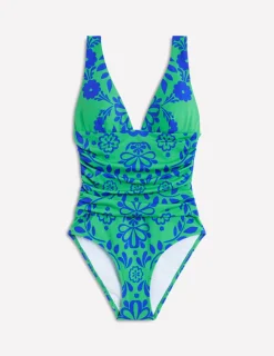 Swimwear-Boden Mykonos Deep V Swimsuit-Green, Structured Meadow Green,StructuredMeadow
