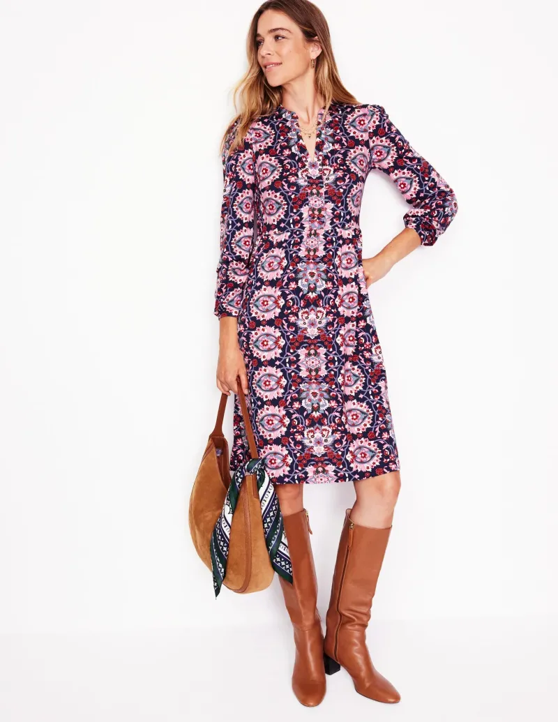 Petite Dresses | Short-Boden Naomi Relaxed Jersey Dress-Old Rose, Bloom Trellis OldRose,BloomTrellis