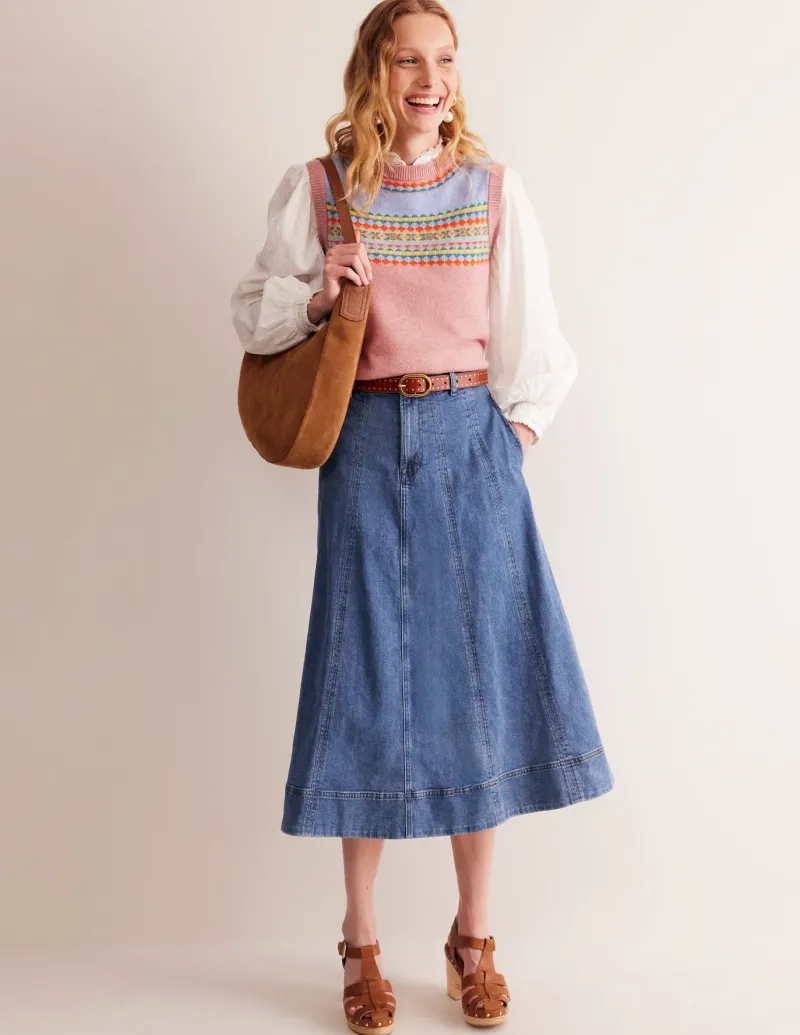 Skirts-Boden Panelled Full Denim Skirt-Mid Vintage MidVintage