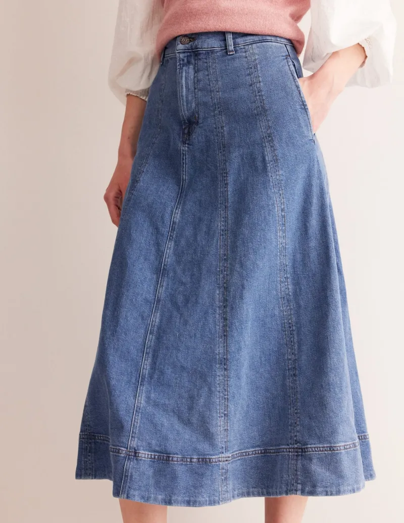 Skirts-Boden Panelled Full Denim Skirt-Mid Vintage MidVintage
