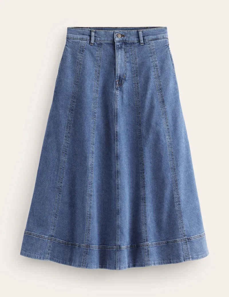 Skirts-Boden Panelled Full Denim Skirt-Mid Vintage MidVintage