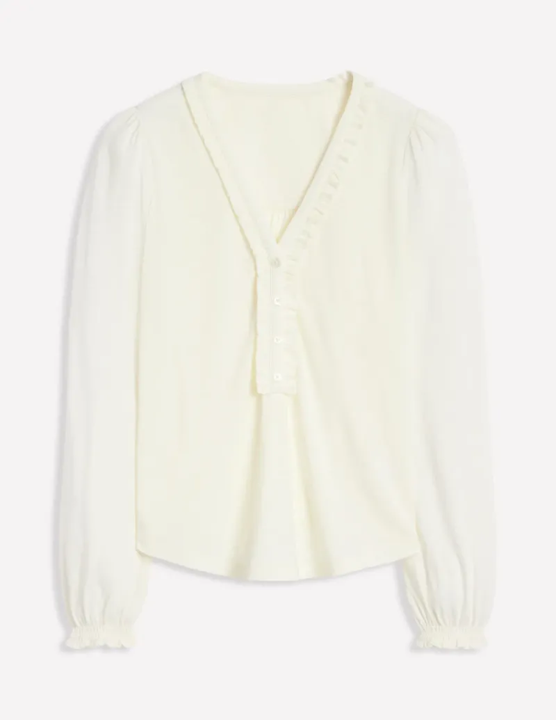 Shirts | T-Shirts & Tanks-Boden Poppy Ruffled Henley Top- Ivory