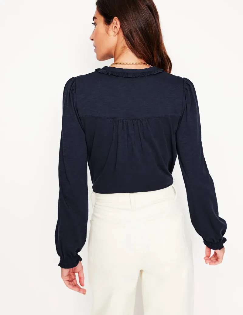Shirts | T-Shirts & Tanks-Boden Poppy Ruffled Henley Top- Navy