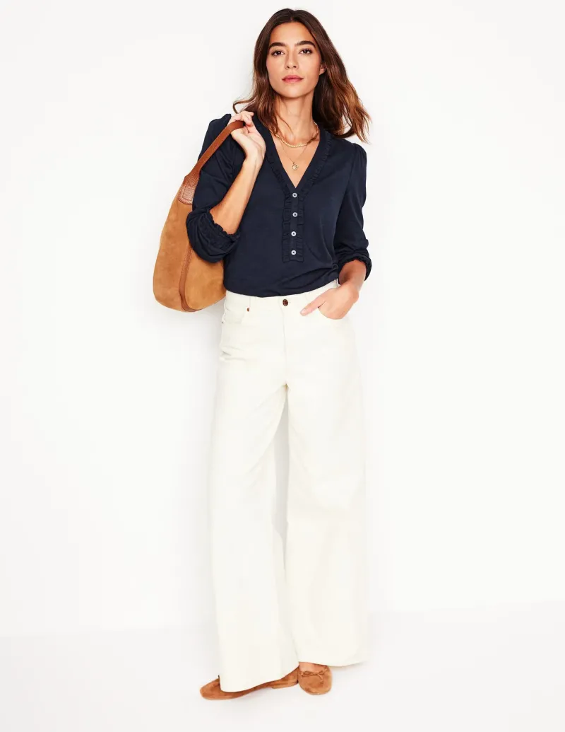 Shirts | T-Shirts & Tanks-Boden Poppy Ruffled Henley Top- Navy