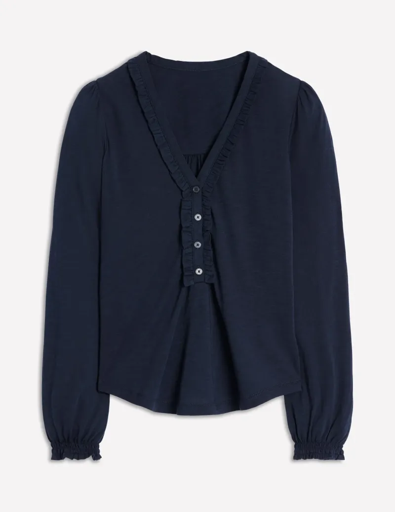 Shirts | T-Shirts & Tanks-Boden Poppy Ruffled Henley Top- Navy