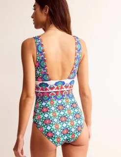 Swimwear-Boden Porto V-Neck Swimsuit-Green Tambourine, Coastal Tile GreenTambourine,CoastalTile