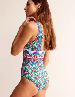 Swimwear-Boden Porto V-Neck Swimsuit-Green Tambourine, Coastal Tile GreenTambourine,CoastalTile