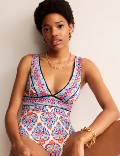 Swimwear-Boden Porto V-Neck Swimsuit-Ivory, Flora Stamp Ivory,FloraStamp