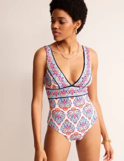 Swimwear-Boden Porto V-Neck Swimsuit-Ivory, Flora Stamp Ivory,FloraStamp