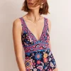 Swimwear-Boden Porto V-Neck Swimsuit-Mandarin Red, Botanical Sprig MandarinRed,BotanicalSprig