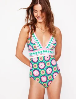 Swimwear-Boden Porto V-Neck Swimsuit-Multi, Flower Tile Multi,FlowerTile
