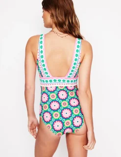 Swimwear-Boden Porto V-Neck Swimsuit-Multi, Flower Tile Multi,FlowerTile